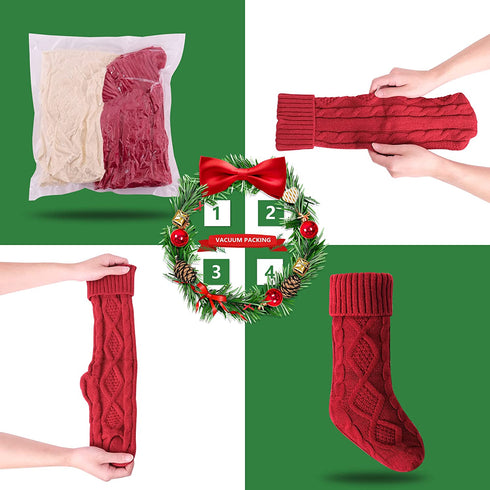 VIBILIA Christmas Stockings, 4 Pack Large Size Christmas Stocking 18 Inches Cable Knitted Stocking Gifts & Decorations for Family Holiday Xmas Party Decor, Ivory White and Burgundy