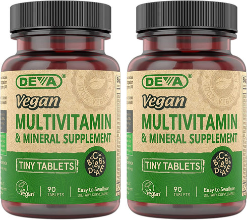 DEVA Tiny Tablets Vegan Multivitamins for Women & Men, Multivitamin with Iron, Mineral Supplement, Vitamin C, Vitamin B Complex, Vitamin B12, Vitamin E, Zinc, Gluten Free, 90 Tablets (Pack of 2)