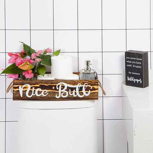 Bathroom Decor Box and Funny Bathroom Sign - Cute Farmhouse Rustic Decorations for Top of Toilet Tank Toilet Paper Holder - Great Housewarming Gift Idea (Brown)