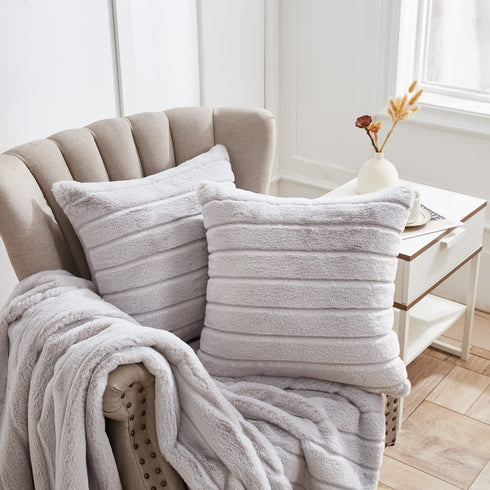Decorative Faux Fur Throw Pillow Case Set of 2 Best Gift to Mom on Mother's Day Fuzzy Striped Cushion Cover for Sofa Couch Bedroom Car, 20"x 20", Grey
