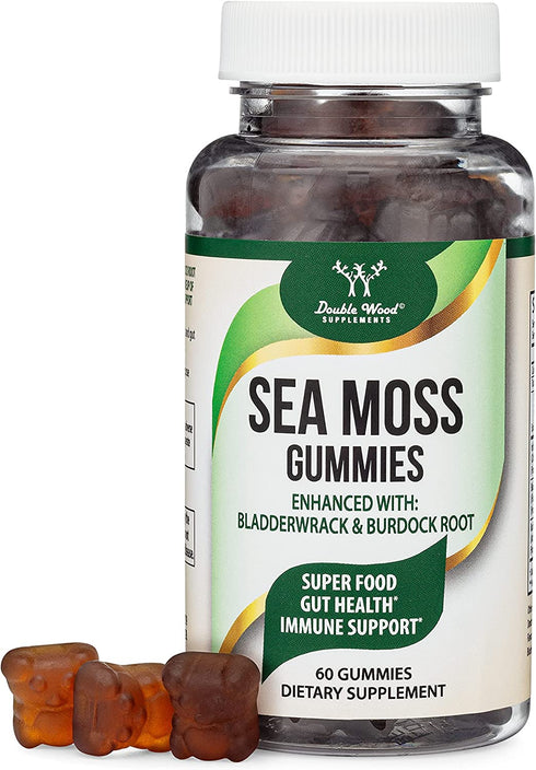 Sea Moss Gummies for Adults Max Strength 3,000mg (60 Irish Sea Moss Gel Gummies Enhanced with Bladderwrack and Burdock Root) Superfood Gummies for Immune Support by Double Wood Supplements