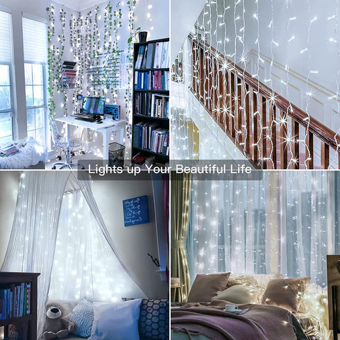 Ollny Curtain Lights Christmas Cool White 300 LED 9.8ftx9.8ft, Remote USB Powered 8 Lighting Modes Timer Waterproof Hanging Lights Indoor Outdoor for Xmas Thanksgiving Wedding Party Patio Decorations