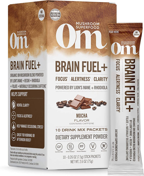 Om Mushroom Superfood Brain Fuel Plus Mushroom Powder Drink Mix, Mocha Flavor, Single Serve, 10 Count, Lions Mane & Rhodiola, Memory & Focus Support Supplement