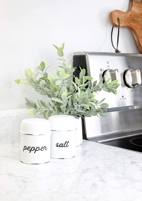 AuldHome Salt and Pepper Shaker Set; Rustic White Enamelware Retro Vintage Style Shaker Set