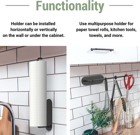 Mavis Miki Self Adhesive Paper Towel Holder - Hanging Under Cabinet, Wall Mount, Vertical or Horizontal - Paper Towel Rack for Kitchen, Bathroom, Rv - Brushed 304 Stainless Steel (Black)