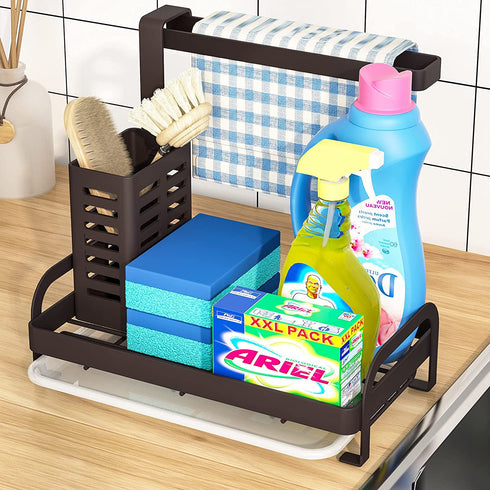 Sink Caddy Organizer, 1Easylife Kitchen Sink Caddy Bronze with Drain Tray Sponge Holder Brush Dishcloth Holder Hanger Countertop for Kitchen