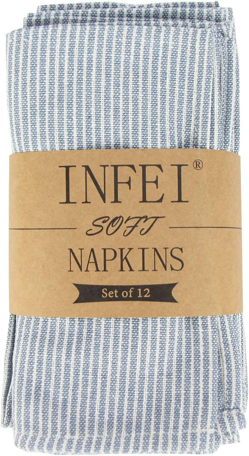 INFEI Narrow Striped Linen Cotton Dinner Cloth Napkins - Set of 12 (40 x 40 cm) - for Events & Home Use (Blue)