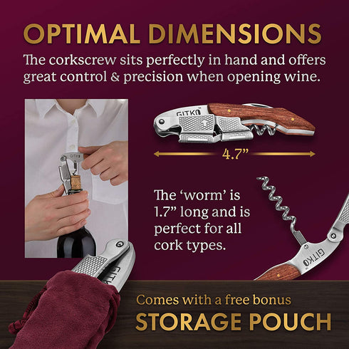 Wine Opener & Waiters Corkscrew-With a Comfortable Rosewood handle Wine And Beer Bottle Opener For Bartenders, Waiters, With A Wine Key Foil Cutter - With a Nice Pouch Included