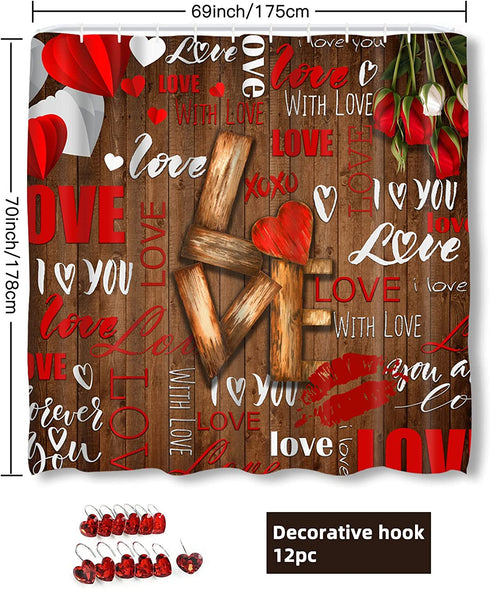 TAMOC Mothers Day Shower Curtain, Rustic Wood Shower Curtain with 12 Love Heart Hooks, Romantic Red Flower Shower Curtains for Bathroom, Waterproof Fabric Vintage Bath Curtain, Brown