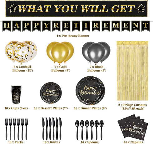 Decorlife Retirement Plates and Napkins Sets Serves 16, Retirement Party Supplies Includes Plates Set, Happy Retirement Banner, Fringe Curtains and Balloons, Total 136 PCS