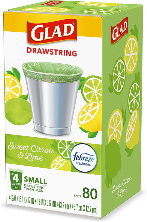 Glad Small Kitchen Drawstring Trash Bags 4 Gallon Green Trash Bag Febreze , Sweet Citron & Lime, 80 Count (Package May Vary)