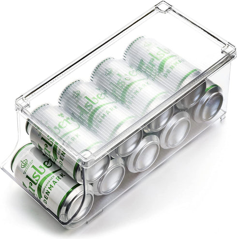 Set of 1- JinaMart Refrigerator Organizer Bin Pop Soda Can Beverage Holder for Fridge, Kitchen, Countertops, Cabinets, Clear Plastic Can Dispenser and Canned Food Pantry Storage Rack(With Lid)