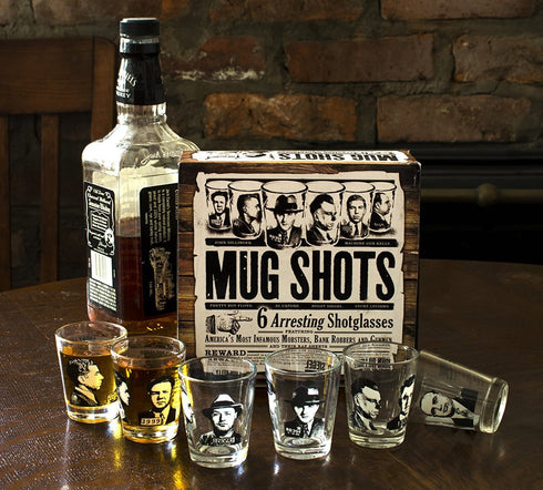 Mug Shots - 6 Piece Shot Glass Set of Famous Gangster Mugshots - Comes in a Colorful Gift Box