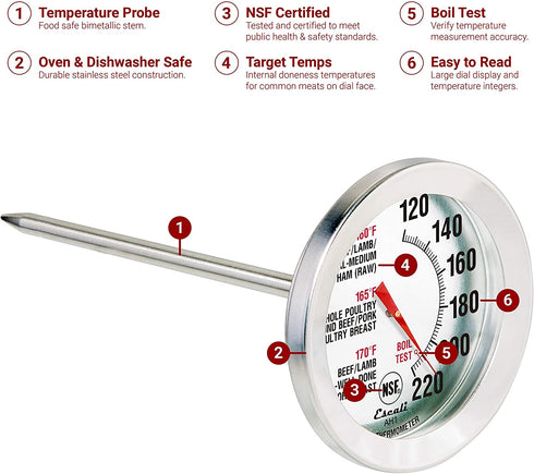 Escali AH1 NSF Certified ProAccurate Oven Safe Meat Thermometer, Extra Large Dial, Silver