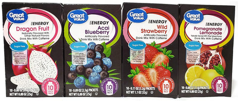 Great Value Energy Drink Mix Variety Bundle, 0.88-1.13 oz box with 10 Drink Packets (Pack of 4) includes 1-Box Blueberry Acai + 1-Box Wild Strawberry + 1-Box Dragon Fruit + 1-Box Pomegranate Lemonade