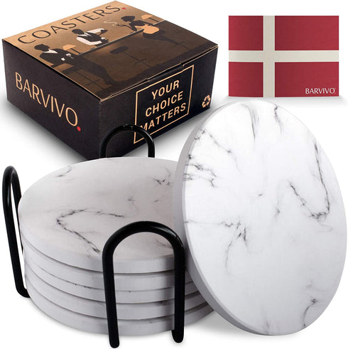 BARVIVO Marble Look Ceramic Coasters for Drinks Absorbent with Holder Set of 6 - Absorbing Condensation Immediately - Ideal Drink Coasters for Wooden Table Protection with Scratch Preventing Cork Base