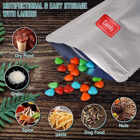 50 Pack Extra Thick 9.4 Mil 7''x10''-1 Quart Mylar Bags for Long-term Food Storage with 50 Labers,Resealable Smell Proof Heat Sealable Bags for Edible Packaging,Stand-up Foil Pouch Bag for Rice Tea