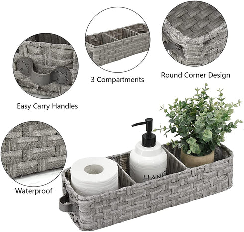Toilet Paper Storage Basket, Natural Woven Seagrass Wicker Bathroom Storage Basket Bin Toilet Paper Holder with Leather Handle, Toilet Tank Top Decorative Box for Bathroom, Living Room, Entryway