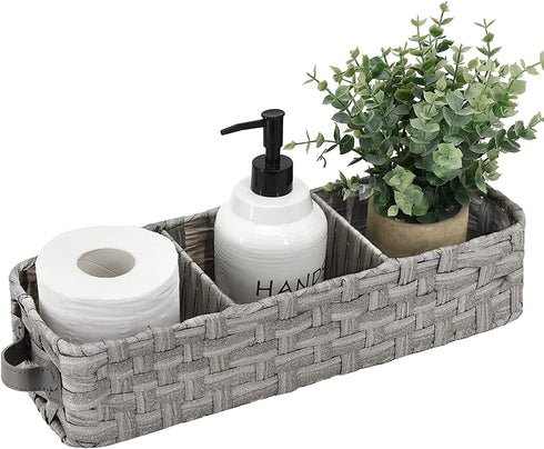 Toilet Paper Storage Basket, Natural Woven Seagrass Wicker Bathroom Storage Basket Bin Toilet Paper Holder with Leather Handle, Toilet Tank Top Decorative Box for Bathroom, Living Room, Entryway