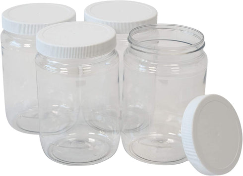 CSBD 32 Oz Clear Plastic Mason Jars With Ribbed Liner Screw On Lids, Wide Mouth, ECO, BPA Free, PET Plastic, Made In USA, Bulk Storage Containers, 4 Pack (32 Ounces)