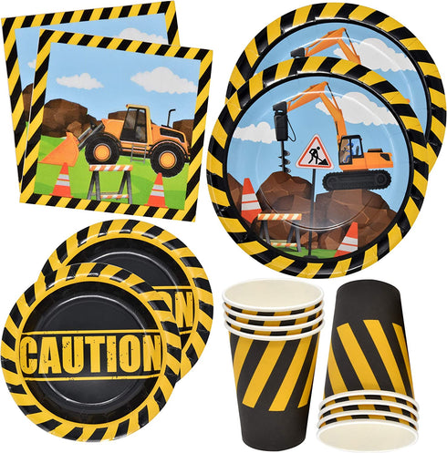 Construction Party Supplies Tableware Set 24 9" Paper Plates 24 7" Plate 24 9 Oz. Cup 50 Lunch Napkins for Builder Digger Truck Bulldozer Vehicle Construction Zone Site Baby Shower Birthday Decoration