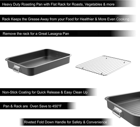 Roasting Pan with Flat Rack-Nonstick Oven Roaster and Removable Tray-Drain Fat and Grease for Healthier Cooking-Kitchen Cookware by Classic Cuisine, Black, 16.5 inch