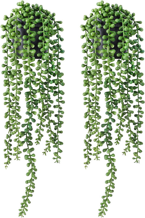 FUNARTY 2pcs Fake Hanging Plants, Artificial Succulent Plants String of Pearls with Planter, Faux Plants for Wall Home Garden Decor
