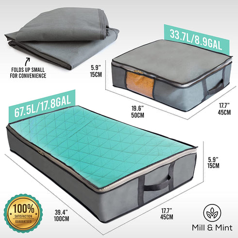 Undercover Cubes 3 Large Underbed Storage Bags + 1 Organizer Bin Foldable Under Bed Storage Containers for Clothes, Blankets, Toys & Shoes by Mill & Mint, Gray