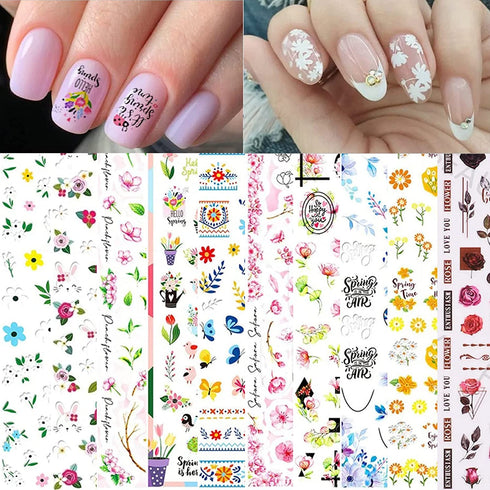 MiaoWu 10 Sheets Flower Nail Art Stickers Decals Colorful Cheery Blossoms 3D Self-Adhesive Rose Butterfly Nail Sticker Spring Floral Theme for Acrylic Nails DIY Nail Art Supplies