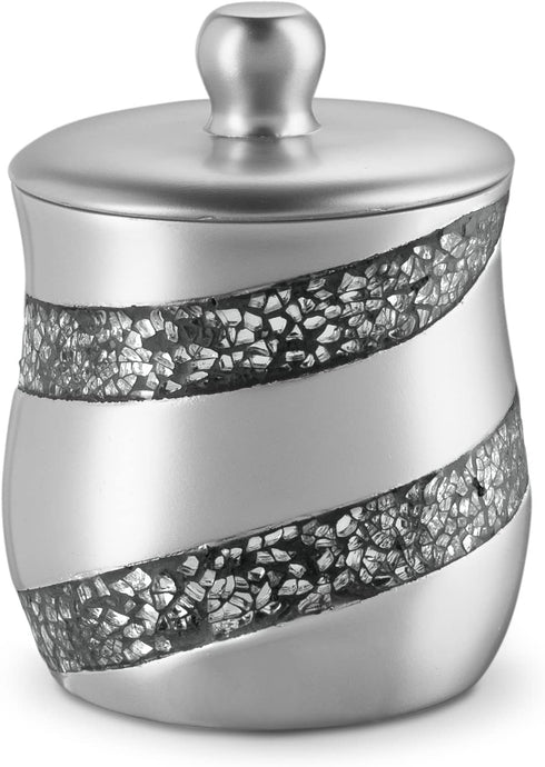 Silver Mosaic Q Tip Holder (3.8 x 3.8 4.9") - Decorative Cotton Ball Jar- Durable Resin Swab Container- Beautiful Bathroom Vanity Accessories- Elegant Bath Storage (Silver Gary) - Creative Scents