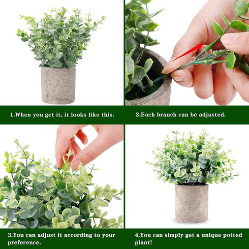 CEWOR 4 Packs Artificial Mini Potted Plants Fake Grey Greenery Eucalyptus Rosemary Boxwood Plastic Centerpiece for Bathroom Shelf Home Office Desk Table Indoor Decor