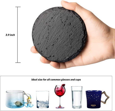 Urbanstrive Eco-Friendly Slate Drink Coasters with Holder, Set of 8, Round Slate Stone Coasters for Drinks Bar Home, 4 Inch, Black