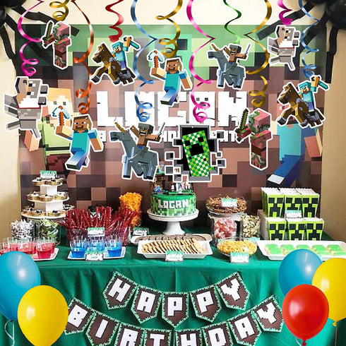 Pixel Style Theme Game Party Supplies Miner Birthday Decorations,12*Hanging Whirlpools Cards For Kids Boys And Girls Themes€¦ (12Set)