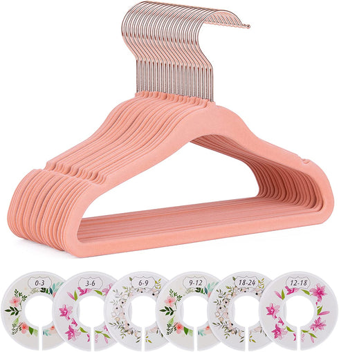 IEOKE Baby Velvet Hangers,50 Pack Children Clothes Hangers Ultra Thin Non Slip Clothes Racks with 6 Pcs Kids Clothing Dividers(Pink)