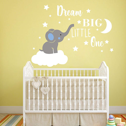 Dream Big Little One Elephant Wall Decal, Quote Wall Stickers, Baby Room Wall Decor, Vinyl Wall Decals for Children Baby Kids Boy Girl Bedroom Nursery Decor Y42 (Blue,White(Boy))