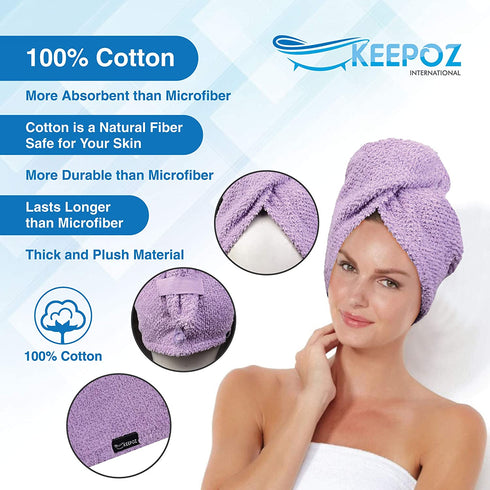 KEEPOZ Hair Towel Wrap Quick Dry 100% Cotton Super Absorbent Turban Head Wrap for Women with Button, Anti Frizz Hair Products, Hair Cap for Curly, Long & Thick Hair (2pcs) (Lilac+Pink Check)