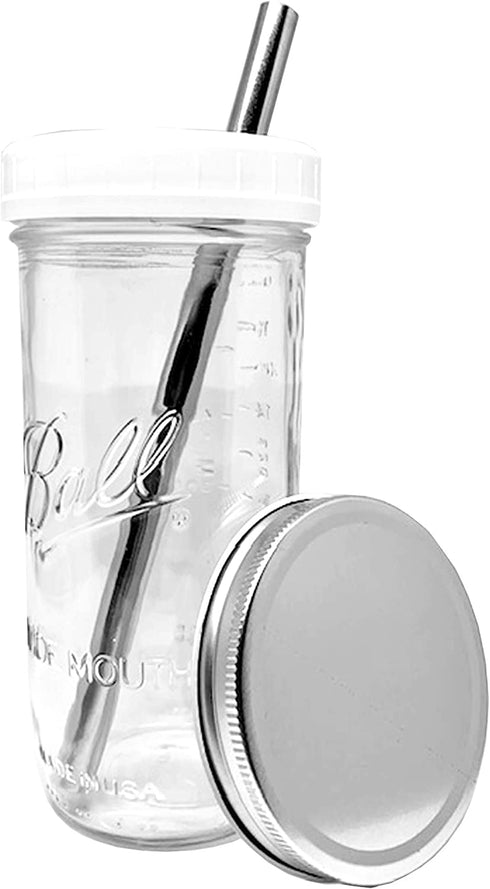 Reusable Boba Bubble Smoothie Cup Wide Mouth Glass Ball Mason Jar with STAINLESS STEEL Boba Bubble/Smoothie Cup with Lid and Straw-Drinking Lid and 1-Piece Silver Leak Proof Cap by Jarming Collections