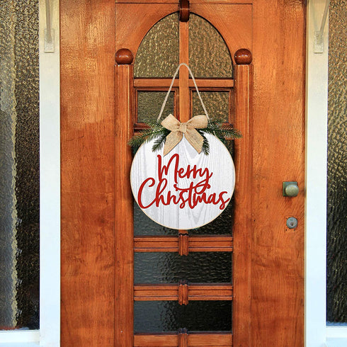 Jetec Merry Christmas Decorations Wreath Christmas Hanging Sign Rustic Burlap Wooden Holiday Decor for Christmas Home Window Wall Farmhouse Indoor Outdoor Decorations (White)