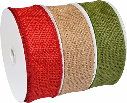 Morex Ribbon 1252.40/P3-004 Burlap 1.5" X 30 YD Jute Wired Ribbon, Natural/Green/Red (3-Pack), Arts & Crafts Burlap Roll for Wedding Decor and Rustic Christmas Decorations Indoor Home Decor