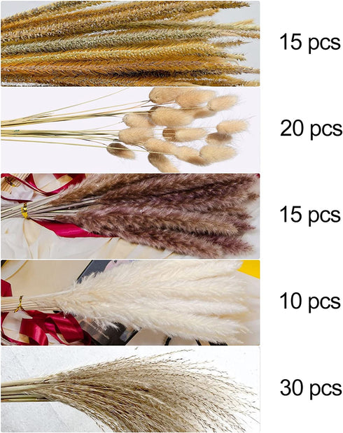 90 Pcs 17" Set | Natural Dried Pampas Grass, Natural Pampas Dried Flowers, Natural Rabbit Tail Grass, Perfect for Home Decor, Boho Decor and Wedding Flower Arrangements