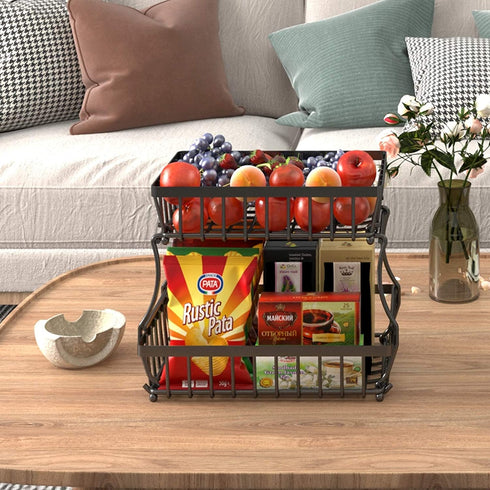 Apsan 2 Tier Fruit Storage Basket Countertop for Kitchen, Bread Vegetable Fruit Basket Bowl Stand Detachable Metal Rectangular Wire Basket, Black Medium