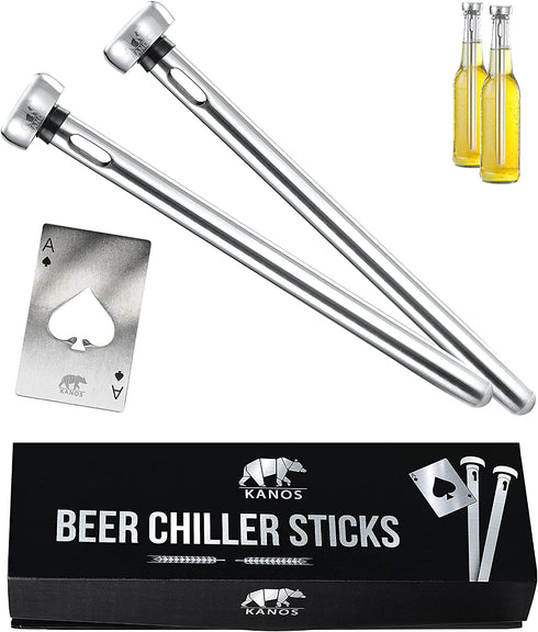 Beer Chiller Sticks For Bottles By KANOS - Set of 2 Stainless Steel Cooling Chillers - Unique Beer Lovers Gifts For Men - Great Gift Ideas For Dad, Boyfriend, Husband, Brother - Ace Card Bottle Opener