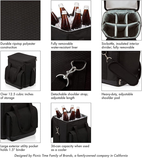 LEGACY - a Picnic Time Brand Cellar Insulated Six Bottle Wine Tote, Black,12.5 x 11 x 13 Inches