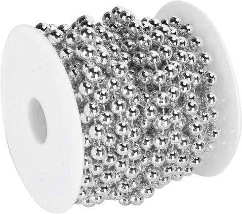 Emoshayoga Pearl Bead Roll, Garland Decoration Artificial Pearls Beads Garland Gold Beads Roll for Christmas Wedding DIY Decoration Holiday Party Supplies 8mm 10m/ 32.8ft(Silver)