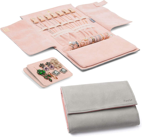 Becko Jewelry Organizer Roll Travel Jewel Bag case for Multiple Necklaces, Rings, Bracelets, Supple Leather & Suede, Large Capacity Without Crease, Lightweight, Portable & Practical (Gray)