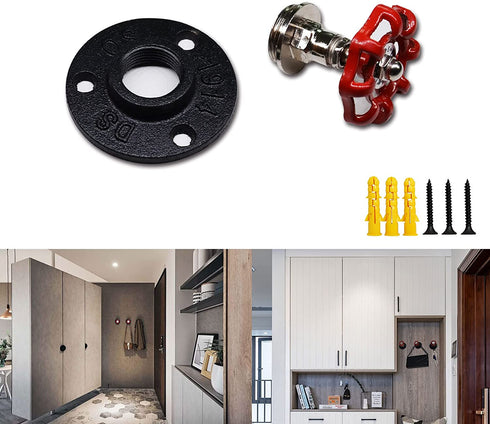 DSDST 3 Pcs Industrial Pipe Red Handwheel Coat Hook Racks Clothing Rack Hanger Coat Rack Wall Hooks Garment Rack for Hanging