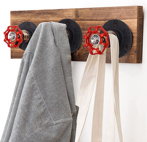 DSDST 3 Pcs Industrial Pipe Red Handwheel Coat Hook Racks Clothing Rack Hanger Coat Rack Wall Hooks Garment Rack for Hanging