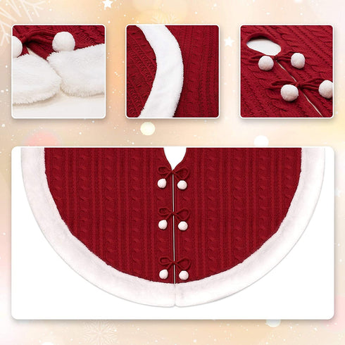 WBHome Christmas Tree Skirt, 48 inch Double-Layer Cable Knit Knitted Thick Rustic Holiday Decoration, Christmas Red with Snow White Plush
