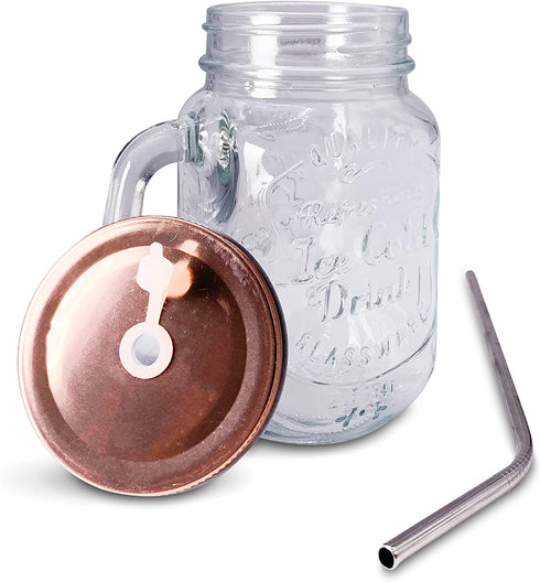 Home Suave - Mason Jar Mugs with Handle, Regular Mouth Colorful Lids with 2 Reusable Stainless Steel Straw, Set of 2 (Rose Gold), Kitchen GLASS 16 oz Jars,"Refreshing Ice Cold Drink" & Dishwasher Safe