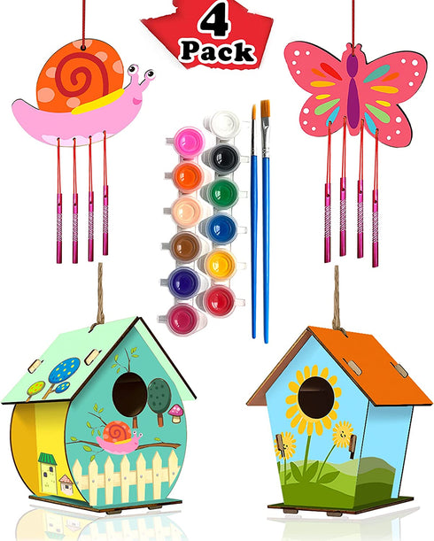 HOME COMPOSER 4 Pack DIY Bird House Wind Chime Kits for Children to Build and Paint, Wooden Arts and Crafts for Kids Girls Boys Toddlers Ages 8-12 4-6 6-8, Paint Kit Includes Paints & Brushes